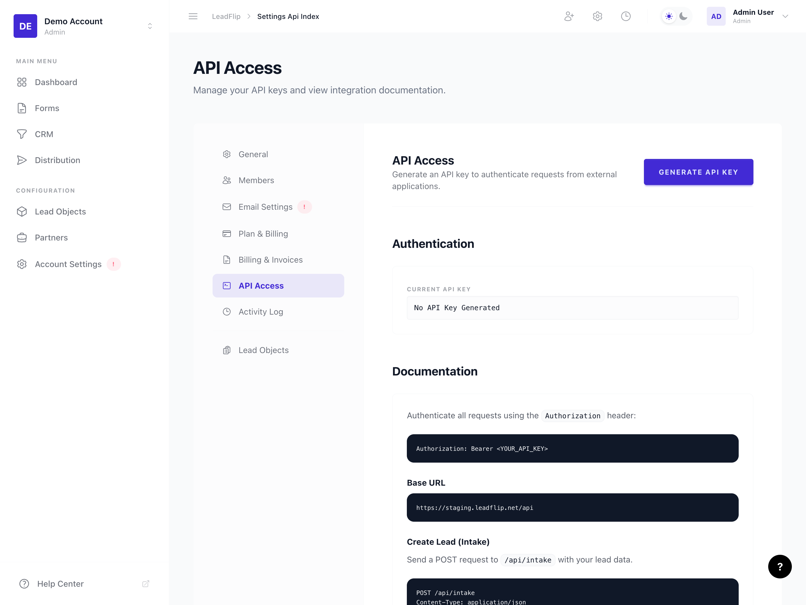 API settings page