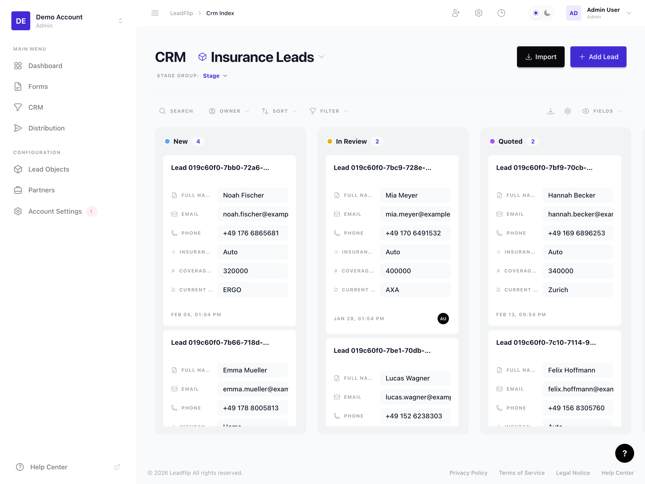 CRM search and filter bar