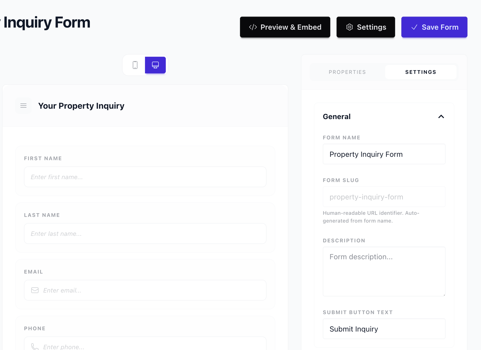 Form settings panel