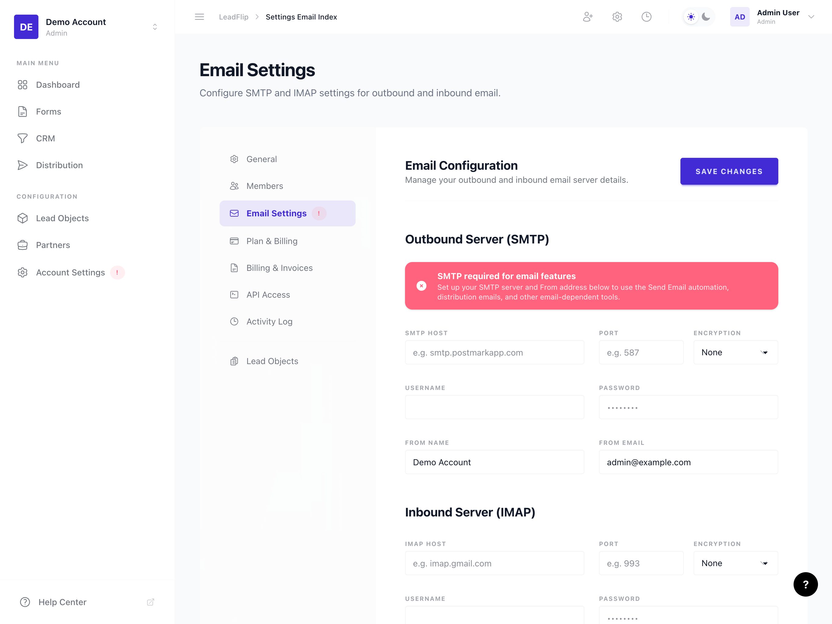 Email Settings page