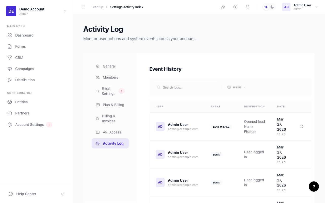 Activity log with automation run history