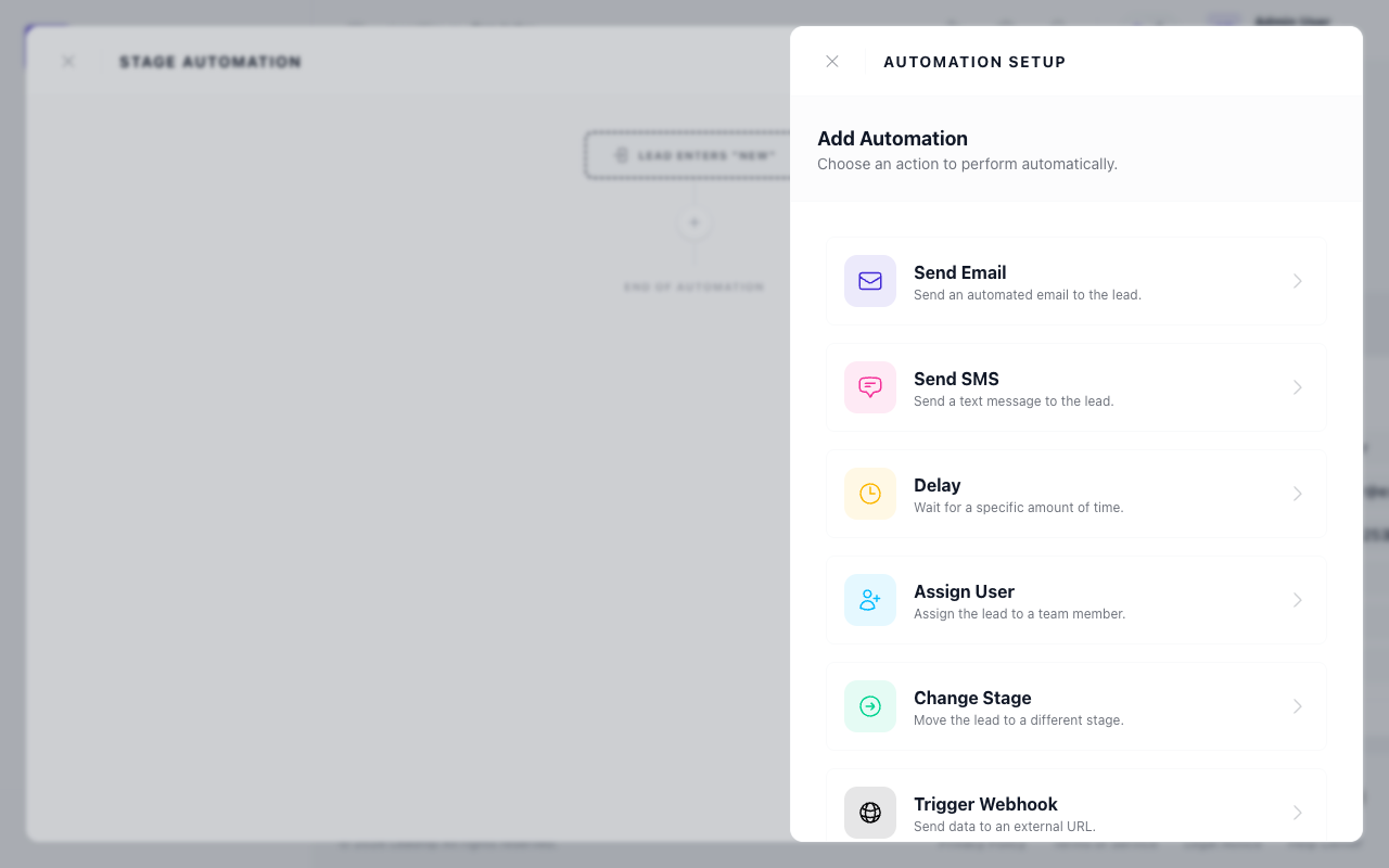 Automation action types — email, SMS, webhook, and more