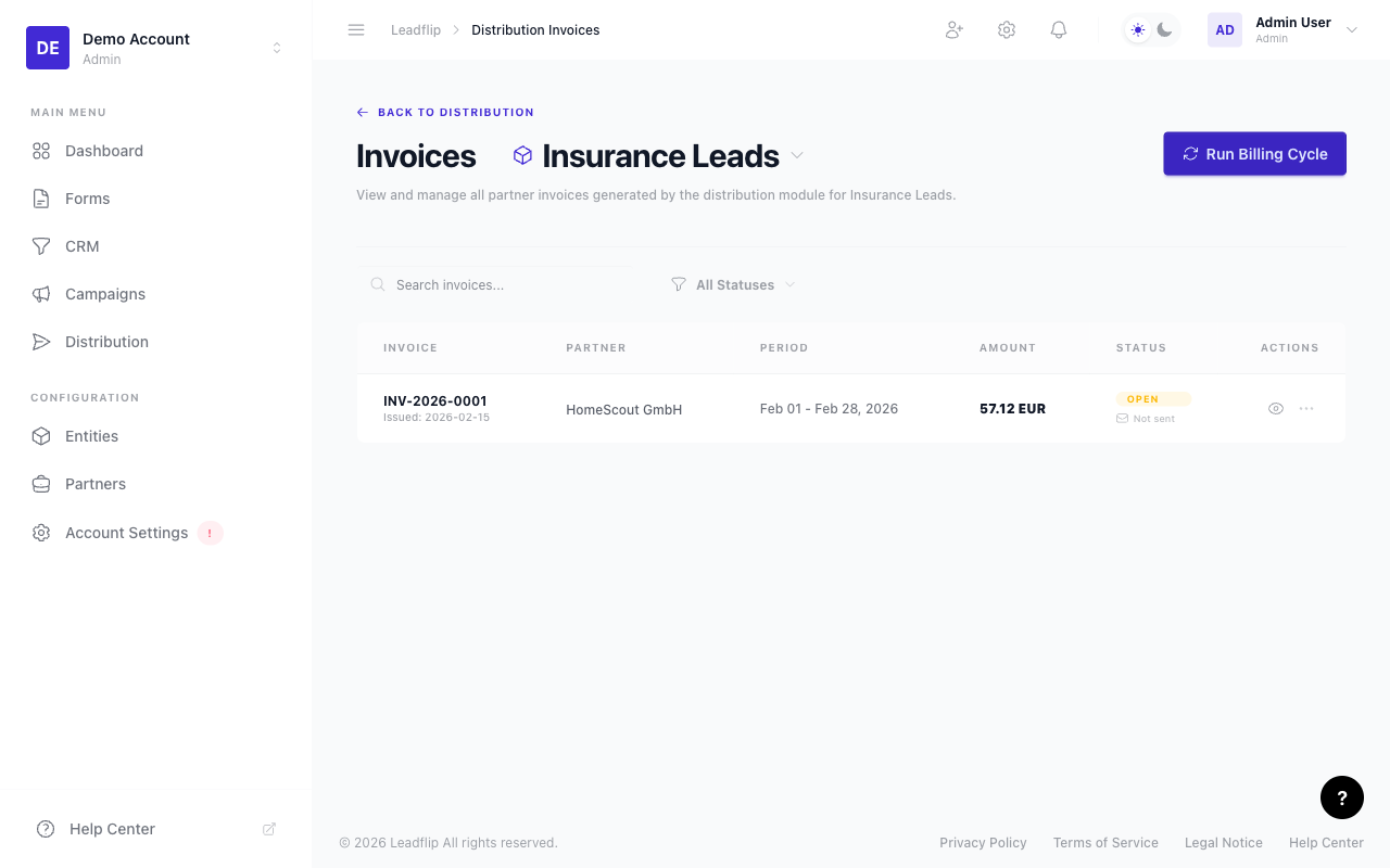 Distribution invoices list with partner, period, and amount