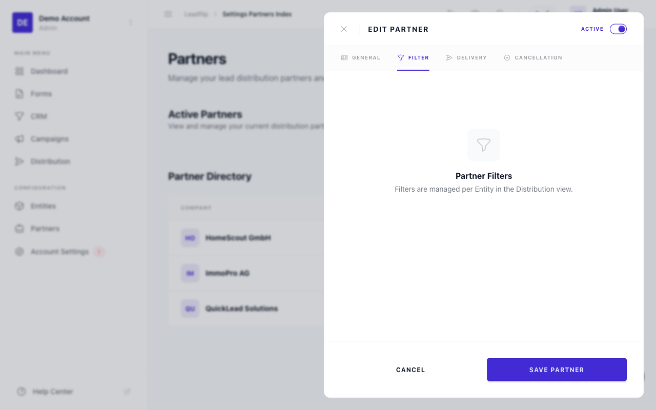 Partner filter rules configuration
