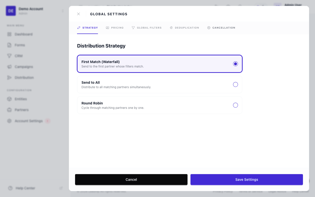 Distribution profile configuration — strategy, pricing, and filters