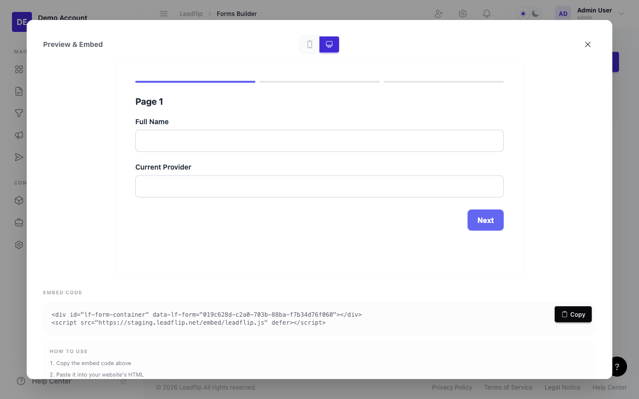 Form preview and embed code snippet