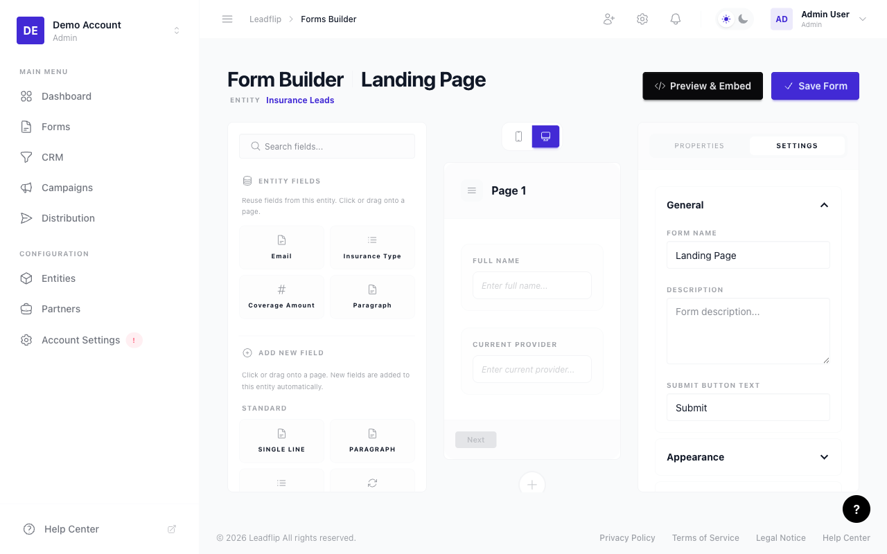 Form Builder with field configuration panel